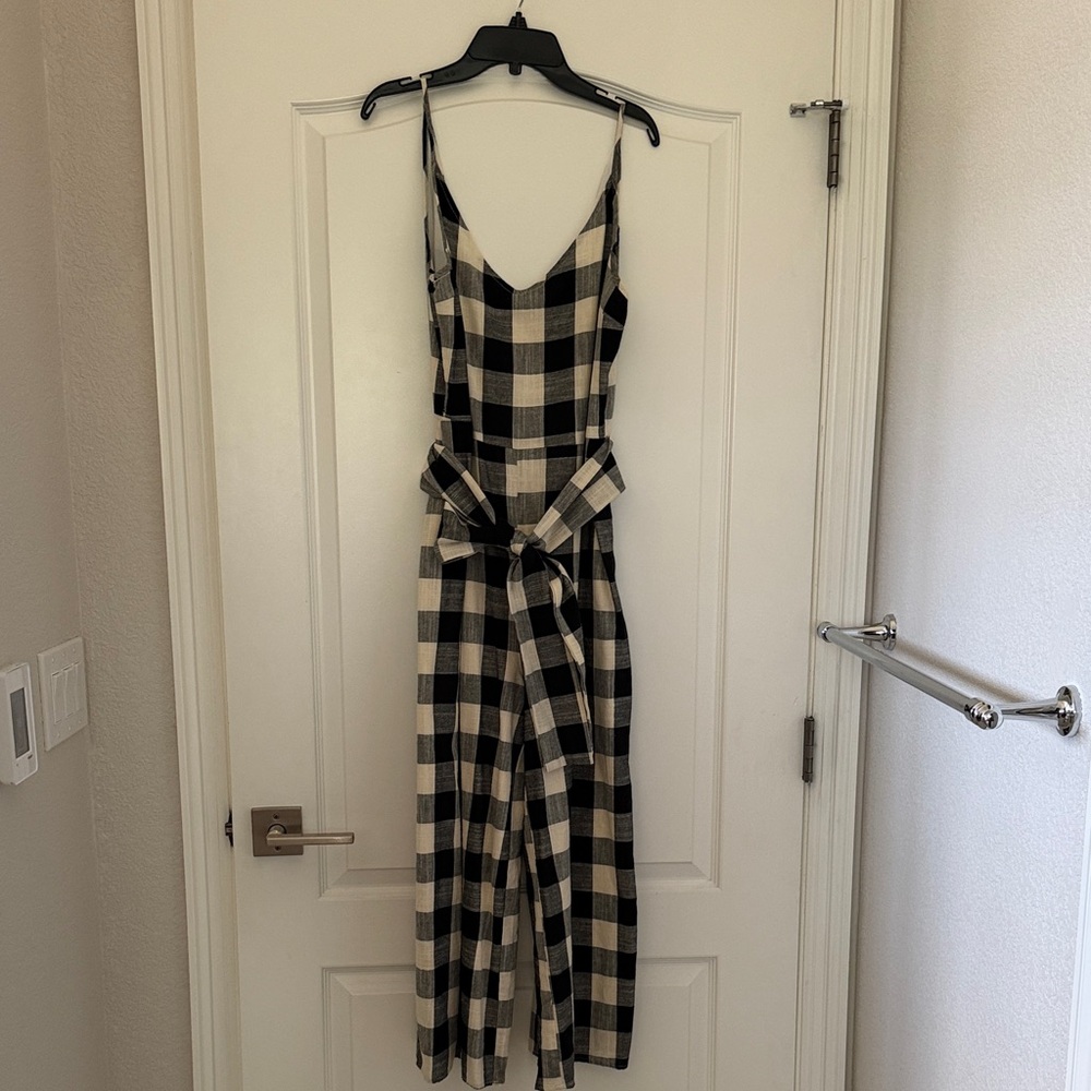 Checked Cotton-Blend Sleeveless Jumpsuit in Black & Cream